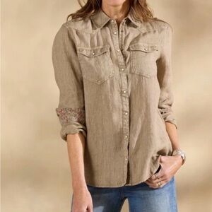 Sundance Willow Linen Button Down Shirt Flax Beige Pearl Snap Western PL NWT